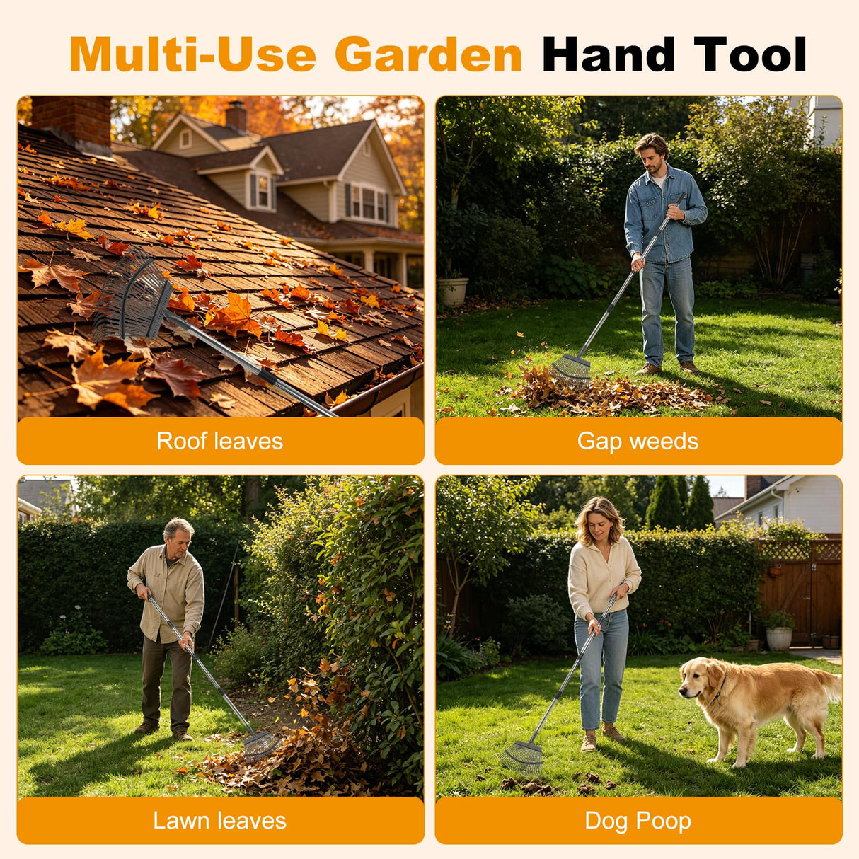 Heavy Duty Garden Rake, Metal Leaf Rake with 73 Inch Adjustable Handle and 25 Tines for Lawn, Yard, Garden Beds, Leaves, Debris and Shrubs