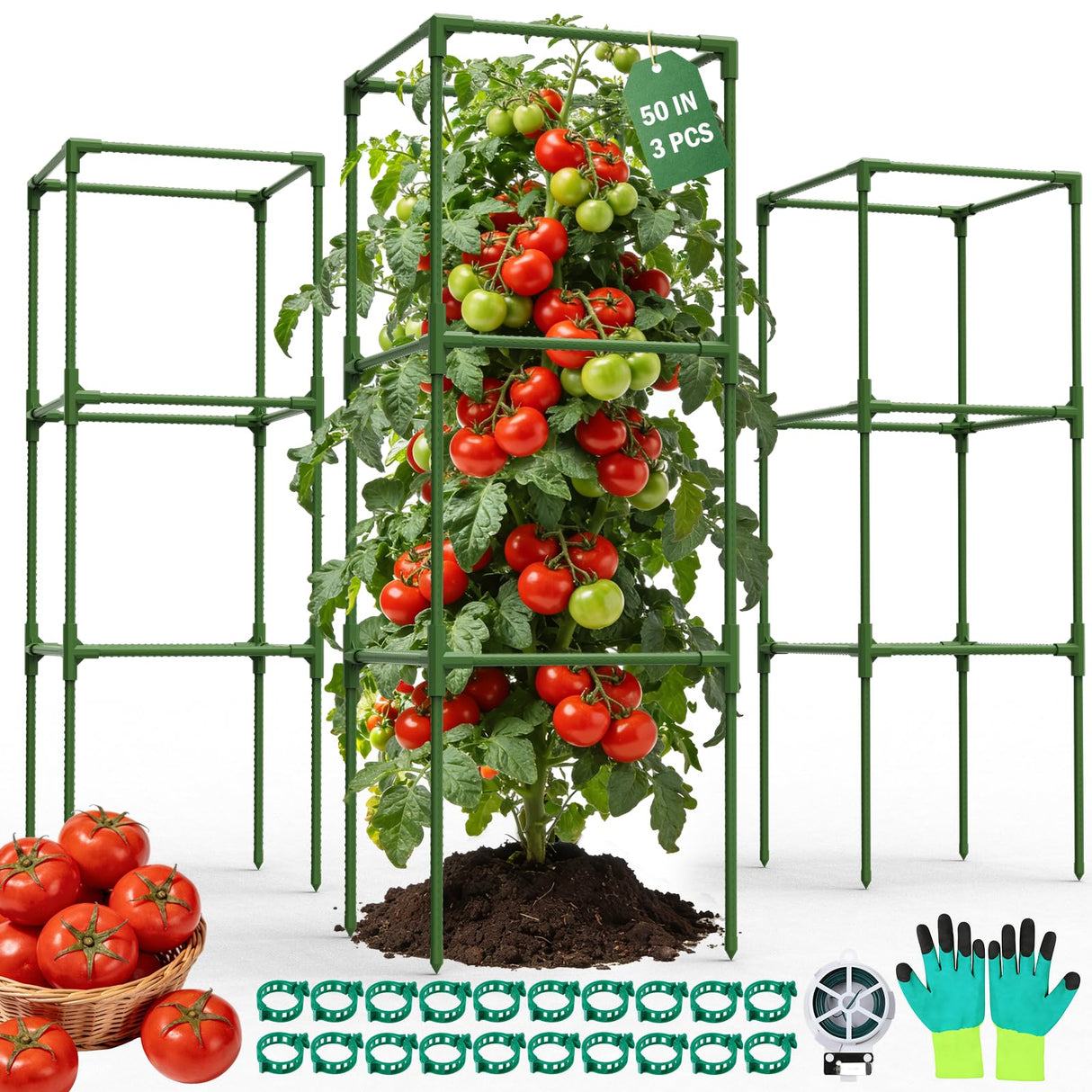 Uyittour 3 Pack Square Tomato Cages for Garden, 50" Heavy Duty Square Tomato Trellis Plant Support Cages for Raised Garden Bed Climbing Vegetables, Set with Garden Gloves, 20 Clips & 65FT Tie Wire