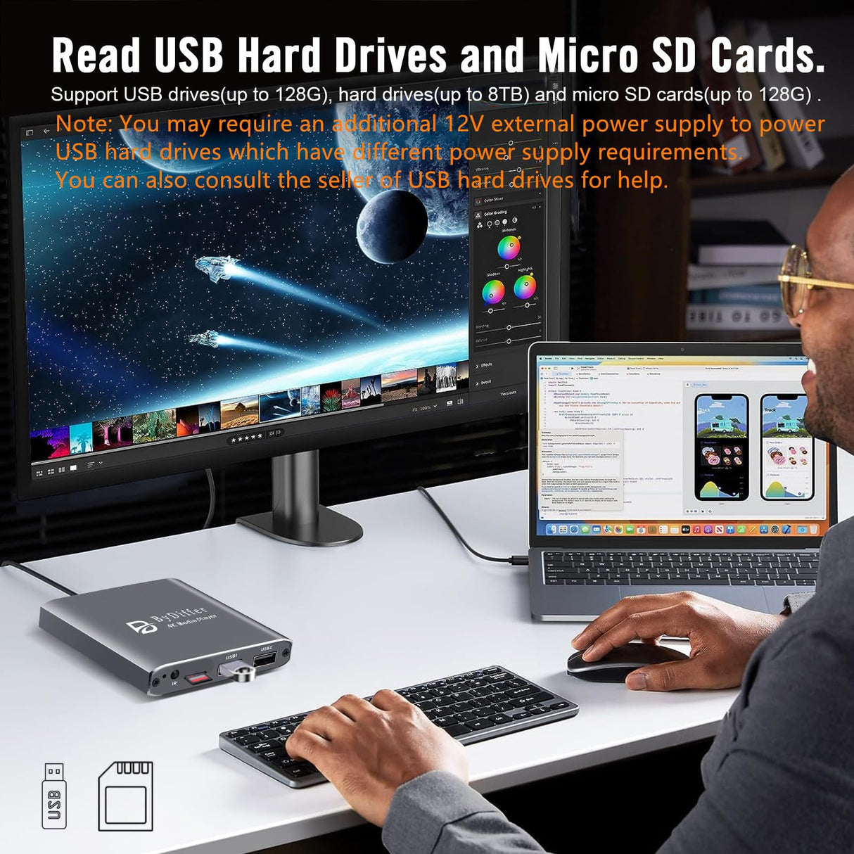 ByDiffer 4K Ultra HD Digital Media Player, TV MP4 Video Player for USB Drive/Micro SD Card, H.265/HEVC, Digital Signage, Auto Playback, HDMI/AV/Optical Output (Grey)