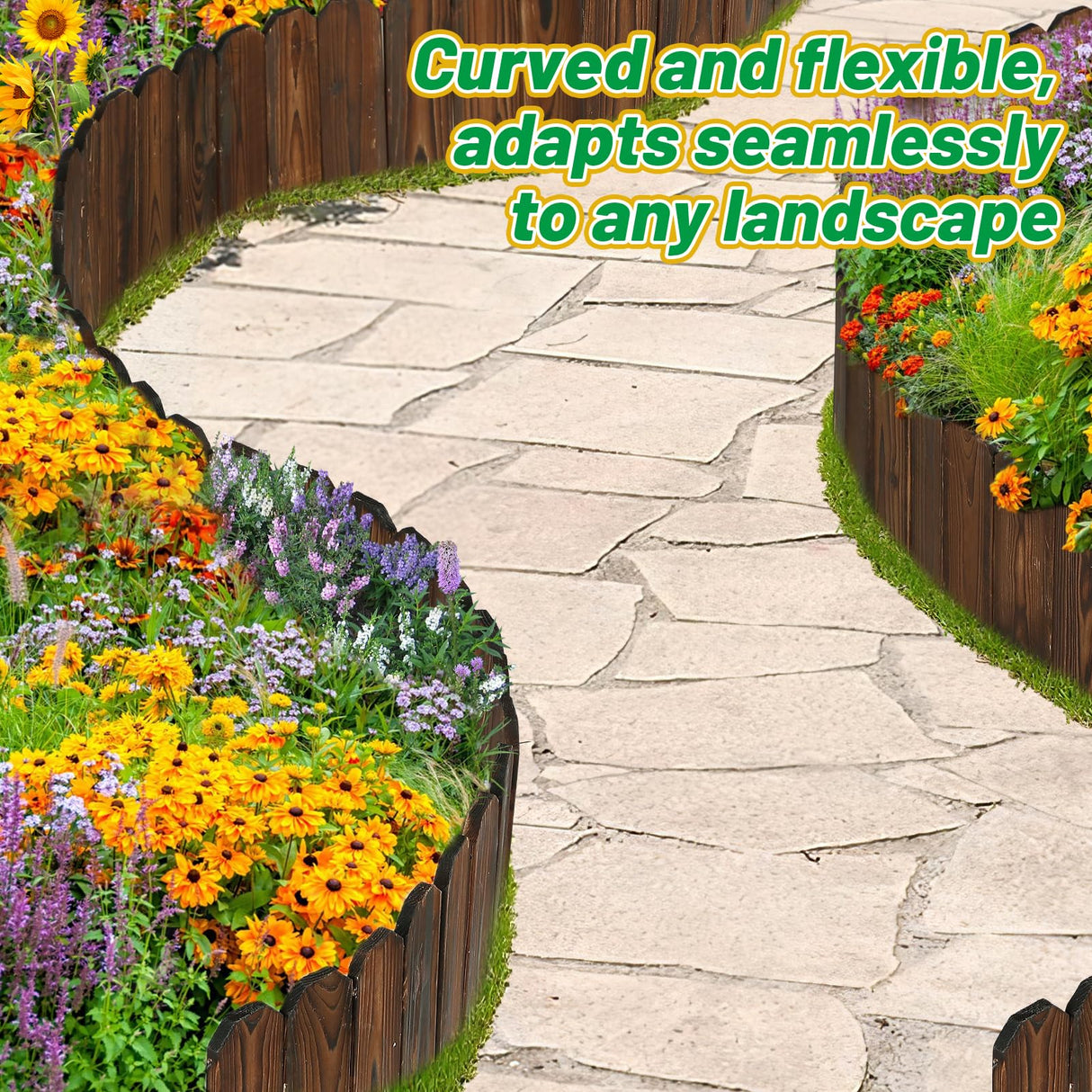 Rustic Pine Wood Landscape Edging - 7.8ft L x 8in H Garden Fence Border, Easy to Install Sturdy Wooden Planter Fencing for Yard Flower Bed Lawns Pathway Tree