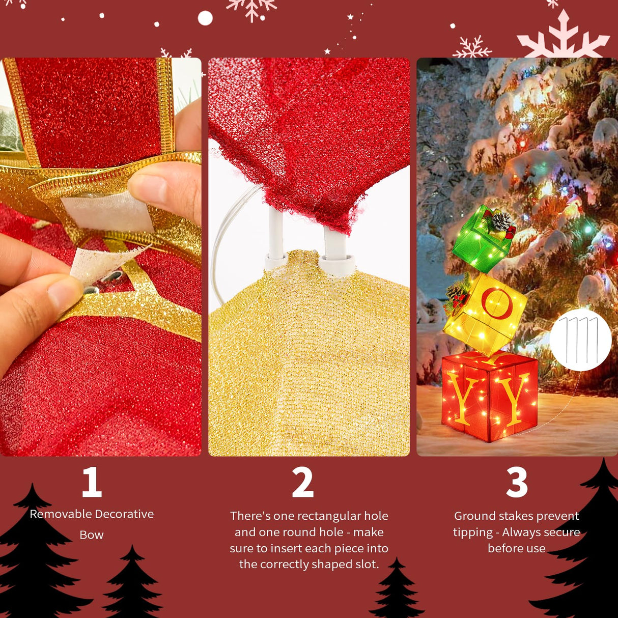 COVFEVER Christmas Joy Lighted Gift Boxes Decorations Set of 3, 2.6Ft Stackable Christmas Nesting Boxes Battery Operated for Home and Party Decoration