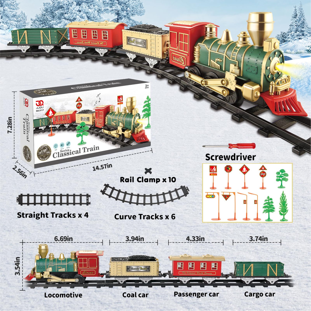 JUQU Electric Train Set for Kids Ages 3-8 – Battery Operated Toy Train with Lights, Sounds, 3 Cars & 10 Tracks, Classic Christmas Tree Train Set for Under or Around Tree