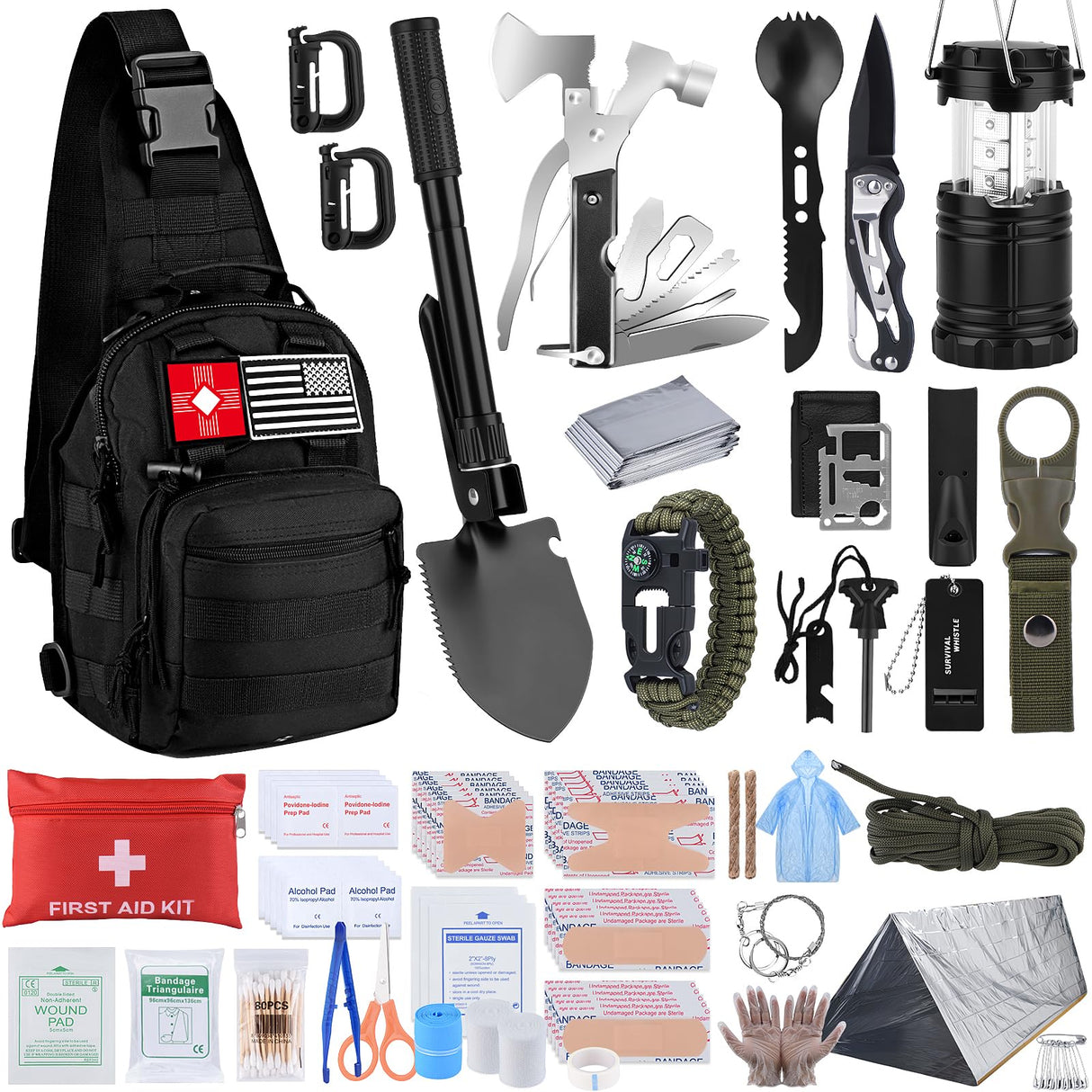 Survival Kit, Gifts for Christmas Men, Women, 251pcs Emergency Survival Gear and Supplies Equipment, First Aid Kit with Crossbody Bag, Camping Essentials for Earthquake, Hiking, Outdoor Adventure