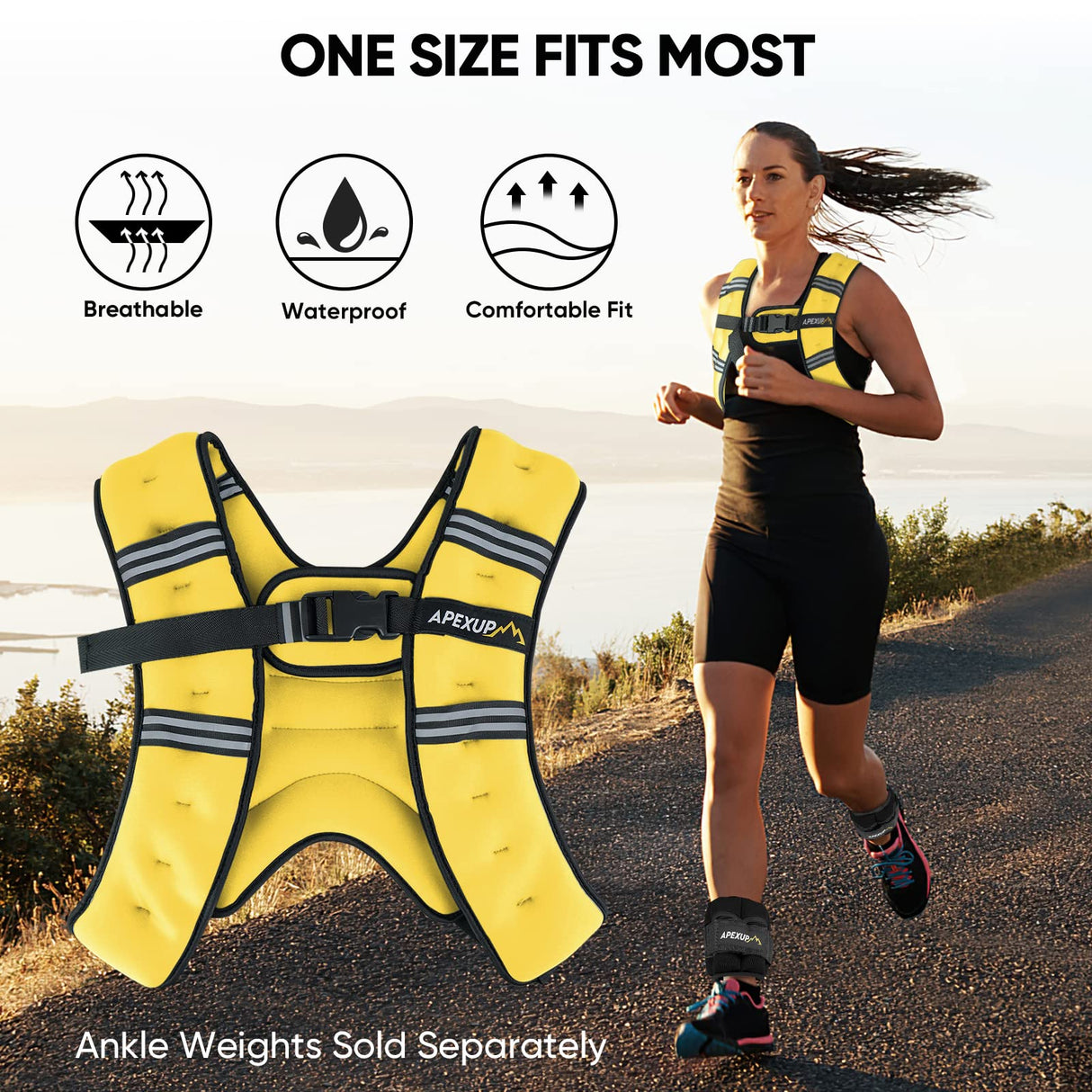 APEXUP Weighted Vest with 5lbs/10lbs/15lbs/20lbs/25lbs/30lbs Weights and Reflective Stripe, Weight Vest Men Women for Workout, Strength Training, Running (Yellow, 10lbs)