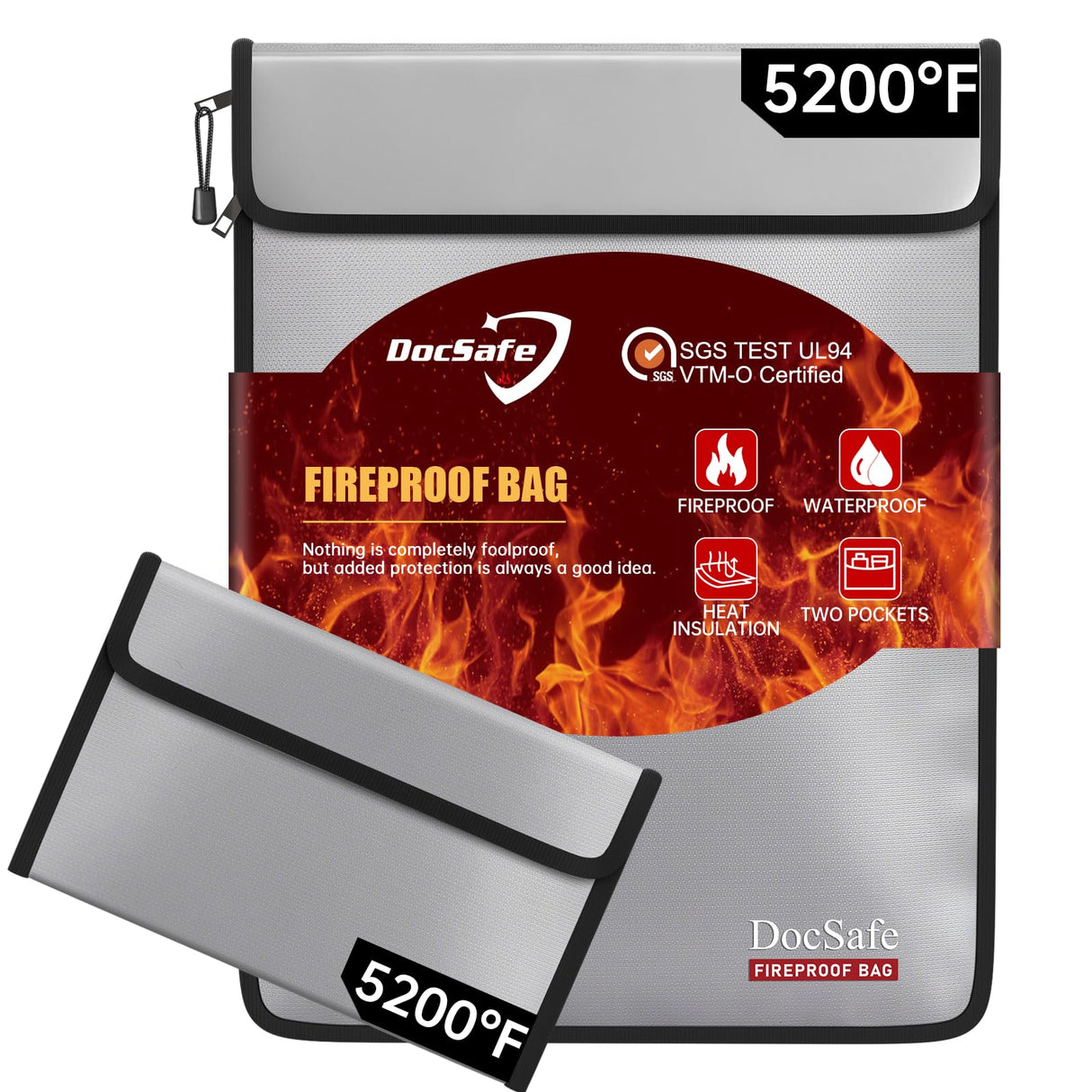 DocSafe Fireproof Document Bag (5200℉) with Fireproof Organizer Travel Case,Heat Insulated Fire&Water Resistant 8 Layers Safe Money Bag Storage for Important Documents,Cash,Power Bank,Valuables,Gray