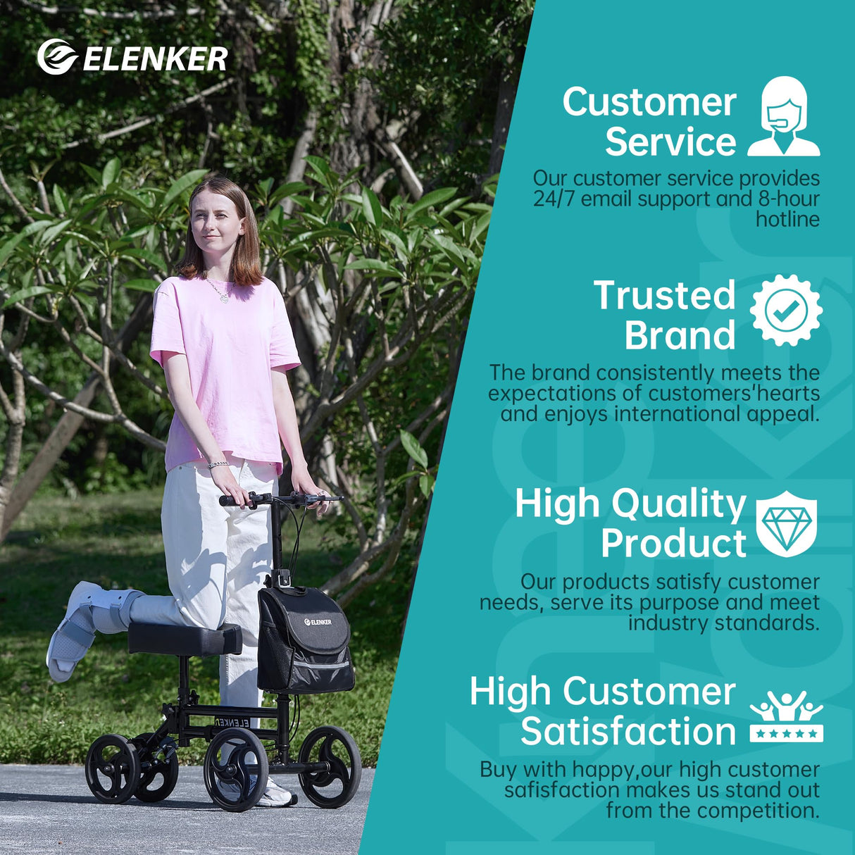 ELENKER Knee Scooter with Basket Dual Braking System for Ankle and Foot Injured Bright Black