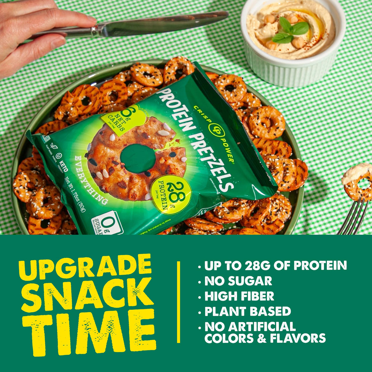 Crisp Power Protein Pretzels, Everything, High Protein Vegan Keto Snack, 28 G Plant Based Protein, Low Carb Crunchy Pretzel Snacks, Sugar Free, No Seed Oils, 1.75 oz Bags, 6 Pack