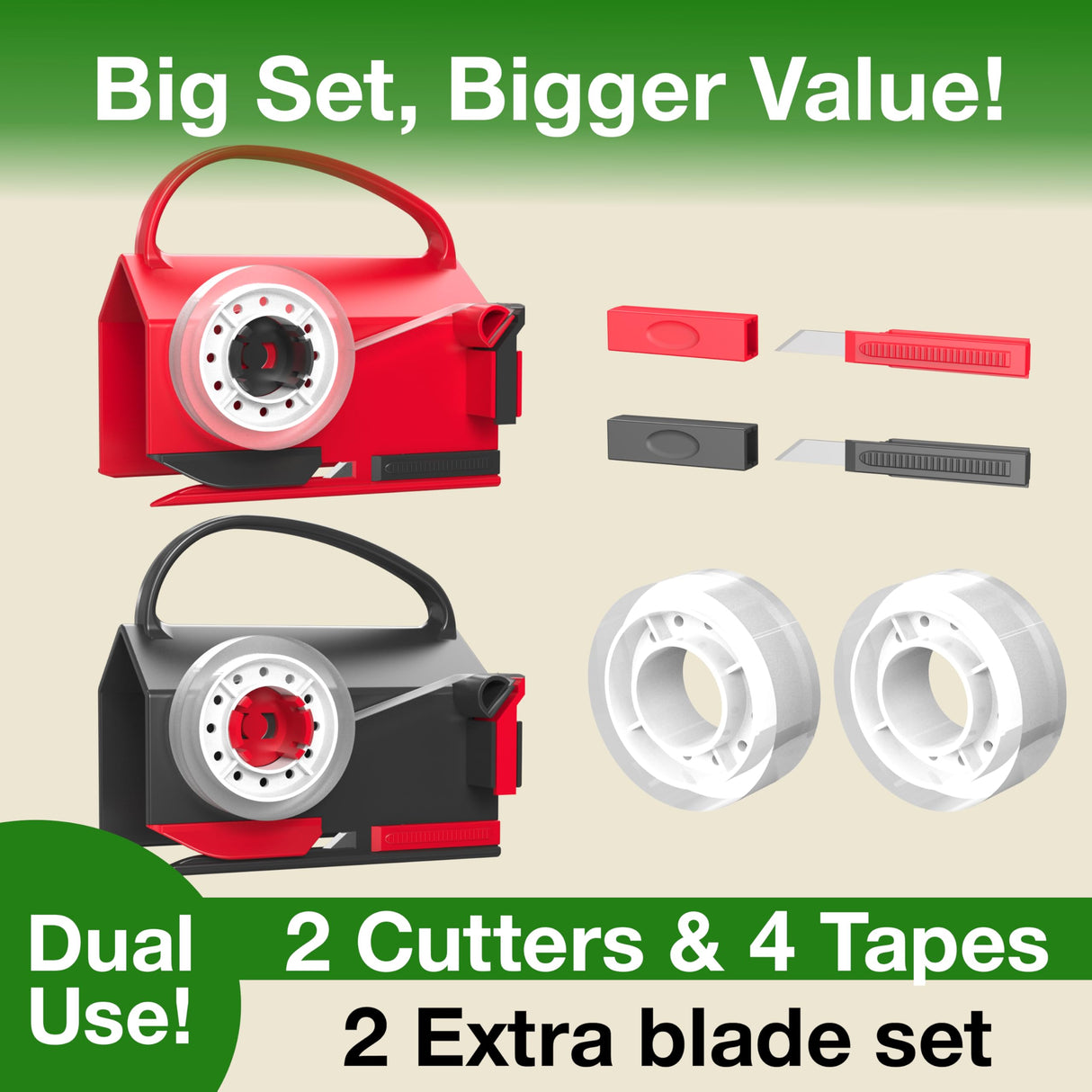 Wraprocut (2-Pack) Wrapping Paper Cutter & Tape Dispenser Dual Use with 4 Tapes,2 Replace Blades Kit for Christmas Gift Wrap Cutter Tool Paper Roll Holder Tube Sliding Slicing for Birthday Holiday.