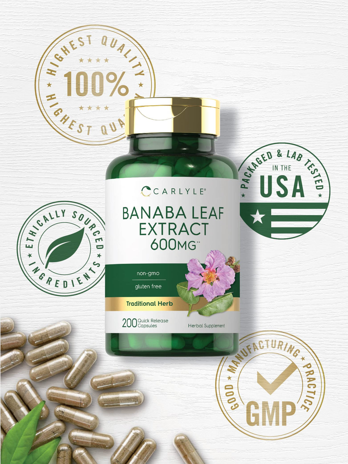 Carlyle Banaba Leaf Extract Capsules 600mg | 200 Count | Non-GMO, Gluten Free