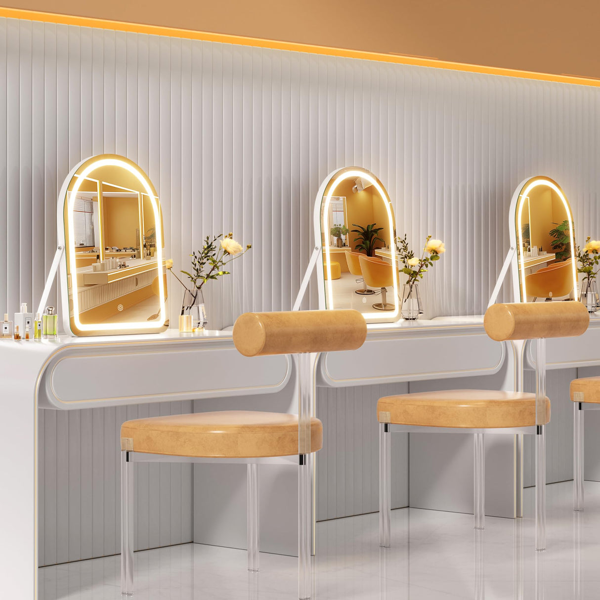 Hasipu Vanity Mirror with Lights, 14"× 18" Arched LED Makeup Mirror, Lighted Makeup Mirror with Lights, Smart Touch Control Dimmable 3 Modes Light 360°Rotation White