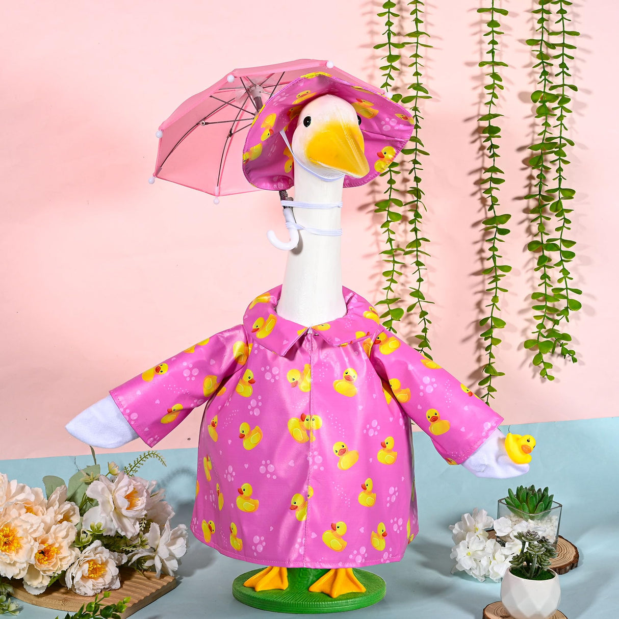 JcHrmers Summer Goose Outfit Porch Goose Raincoat Outfits 23" Yard Geese Rain Jacket with Hat Umbrella Duck for Geese Statue Outdoor Lawn Garden Patio Decor (Pink)