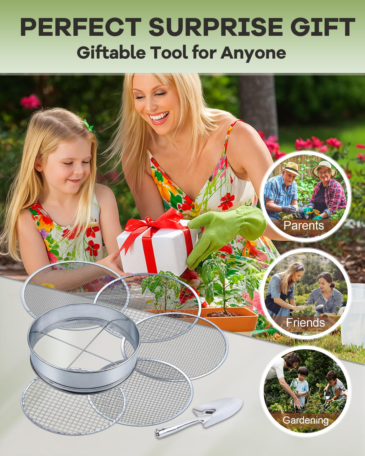 HIPULX 5-in-1 Soil Sifter Set with 5 Replaceable Stainless Steel Mesh Screen & Shovel (1/8" to 1/2"), Soil Sifter for Soils, Compost, Bonsai, Cat Litter and More(11-5/8" Diameter)