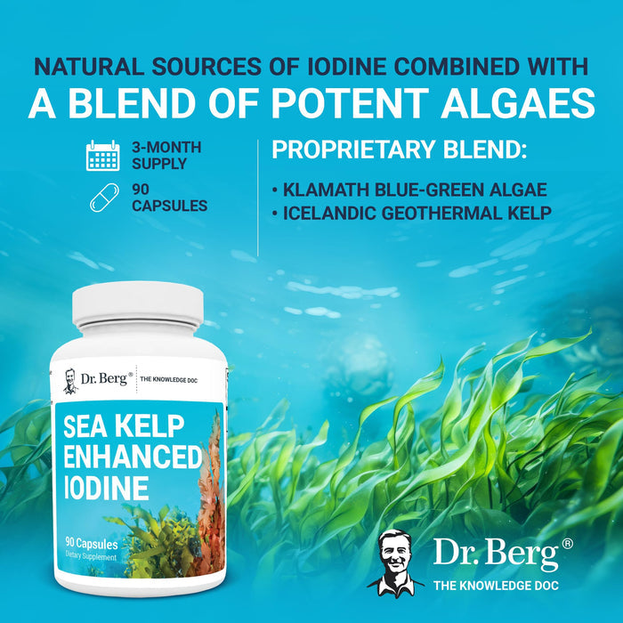 Dr. Berg Sea Kelp Enhanced - Thyroid Support Natural Antioxidants & Iodine Supplement w/Organic Sea Kelp & Blue-Green Algae - Immune System & Metabolism Support - Now Without Red Algae - 90 Capsules