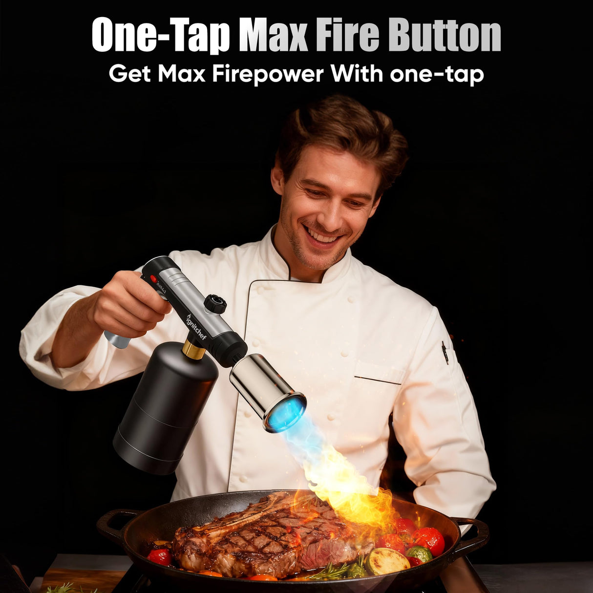 IgnitChef Propane Torch Gun with One-Touch Max Fire, Kitchen Blow Torch with a Safety Lock for Sous Vide Searing Steak, Grill, Charcoal Starter, Campfire (Propane Tank Not Included)