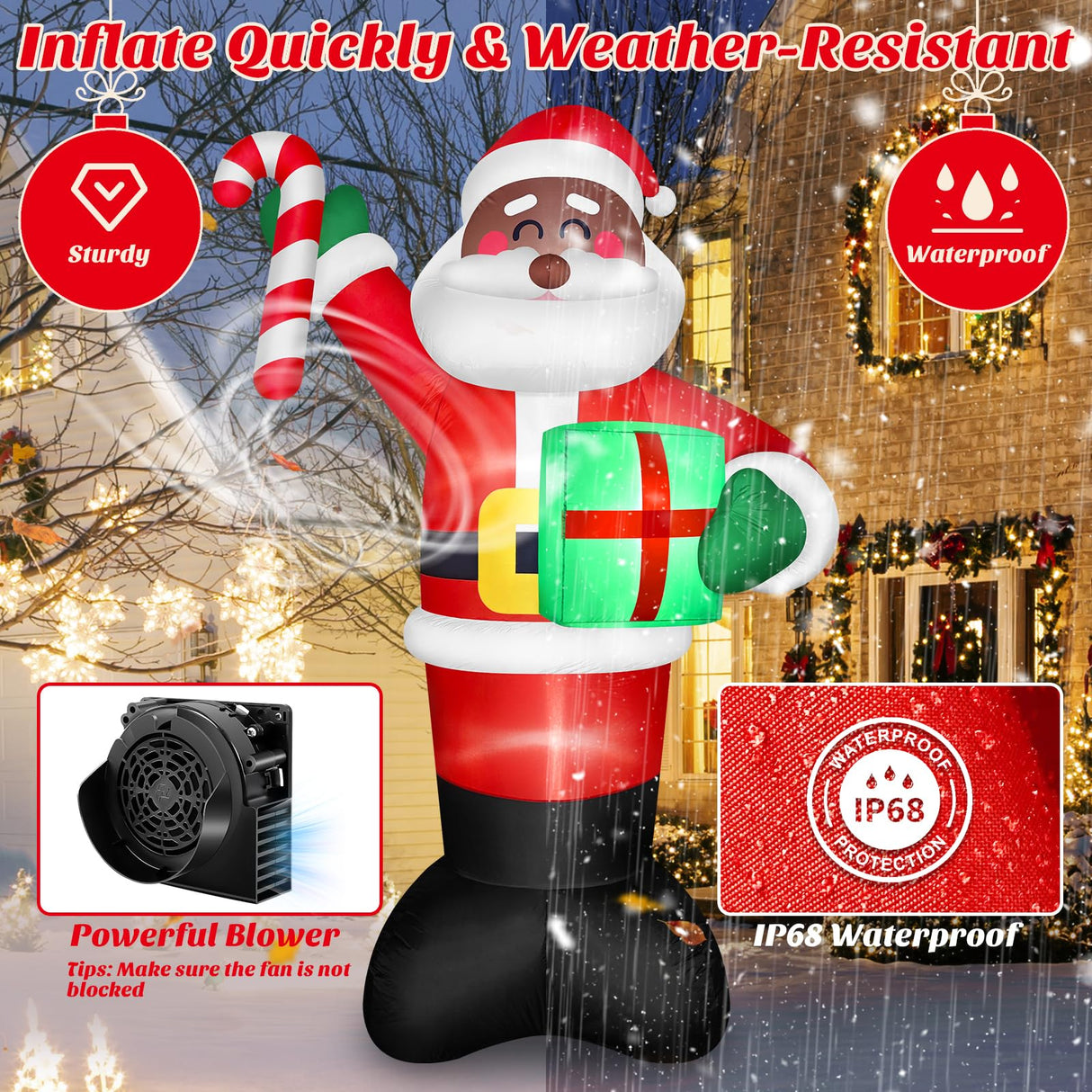 8 FT Tall Giant Black Santa Inflatable Christmas Decorations Outdoor Candy Cane & Gift Box, Build in LED Lights Funny Merry Xmas Blow Ups Yard Decoration for Outside Holiday Winter Indoor Patio Lawn