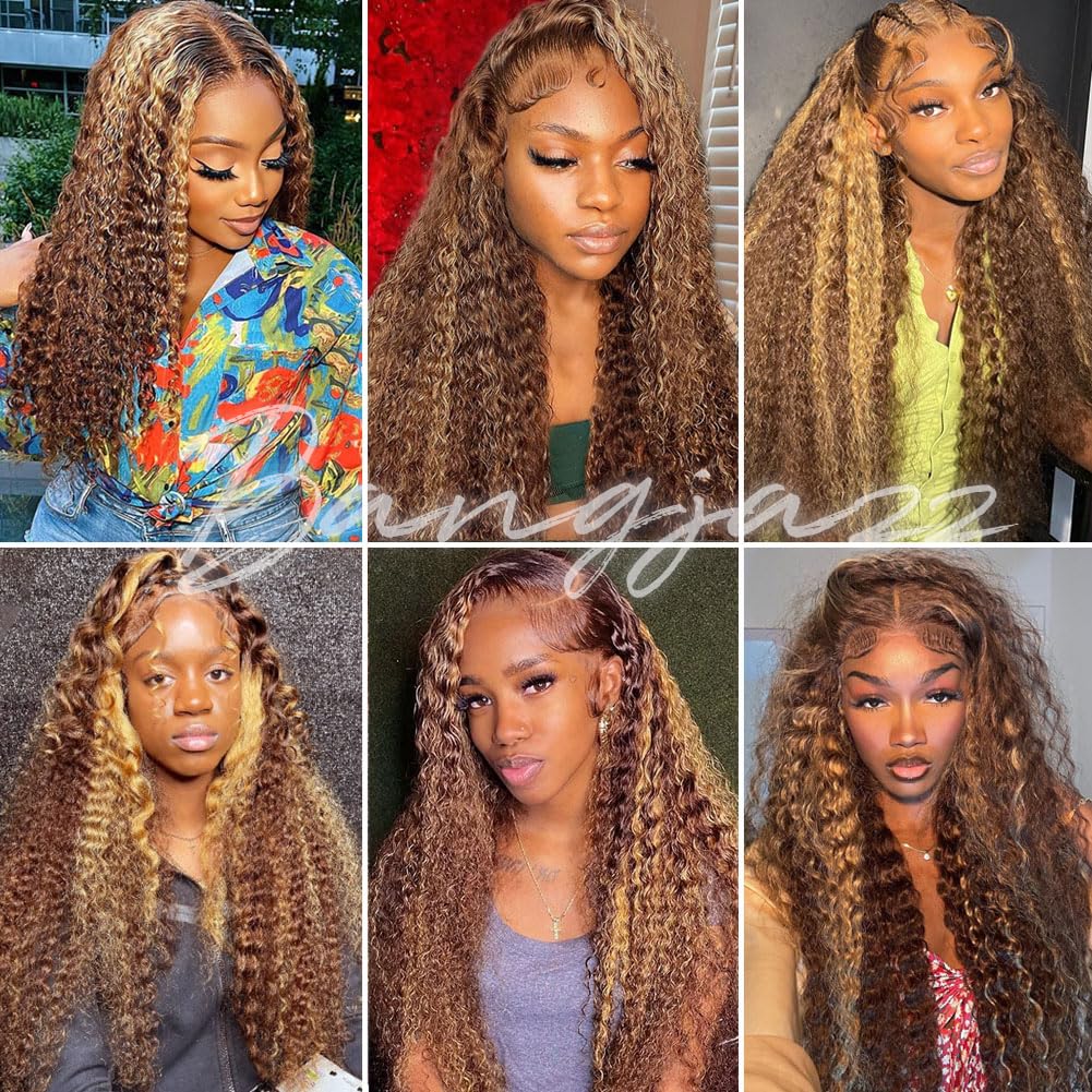 bangjazz 26 Inch Highlight Ombre Lace Front Wig Human Hair Deep Wave 13x4 HD Lace Frontal Wigs Human Hair 180% Density P4/27 Colored Curly Wigs for Women Human Hair Glueless Pre Plucked Wig
