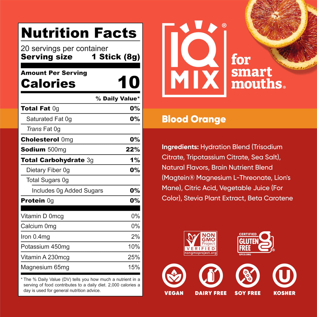 IQMIX Hydration Electrolyte Powder – 4-in-1 Formula for Hydration, Mental Clarity, Mood and Recovery – Sugar-Free Drink Mix, Keto, Magnesium L-Threonate, Lion’s Mane – 20 Count Blood Orange