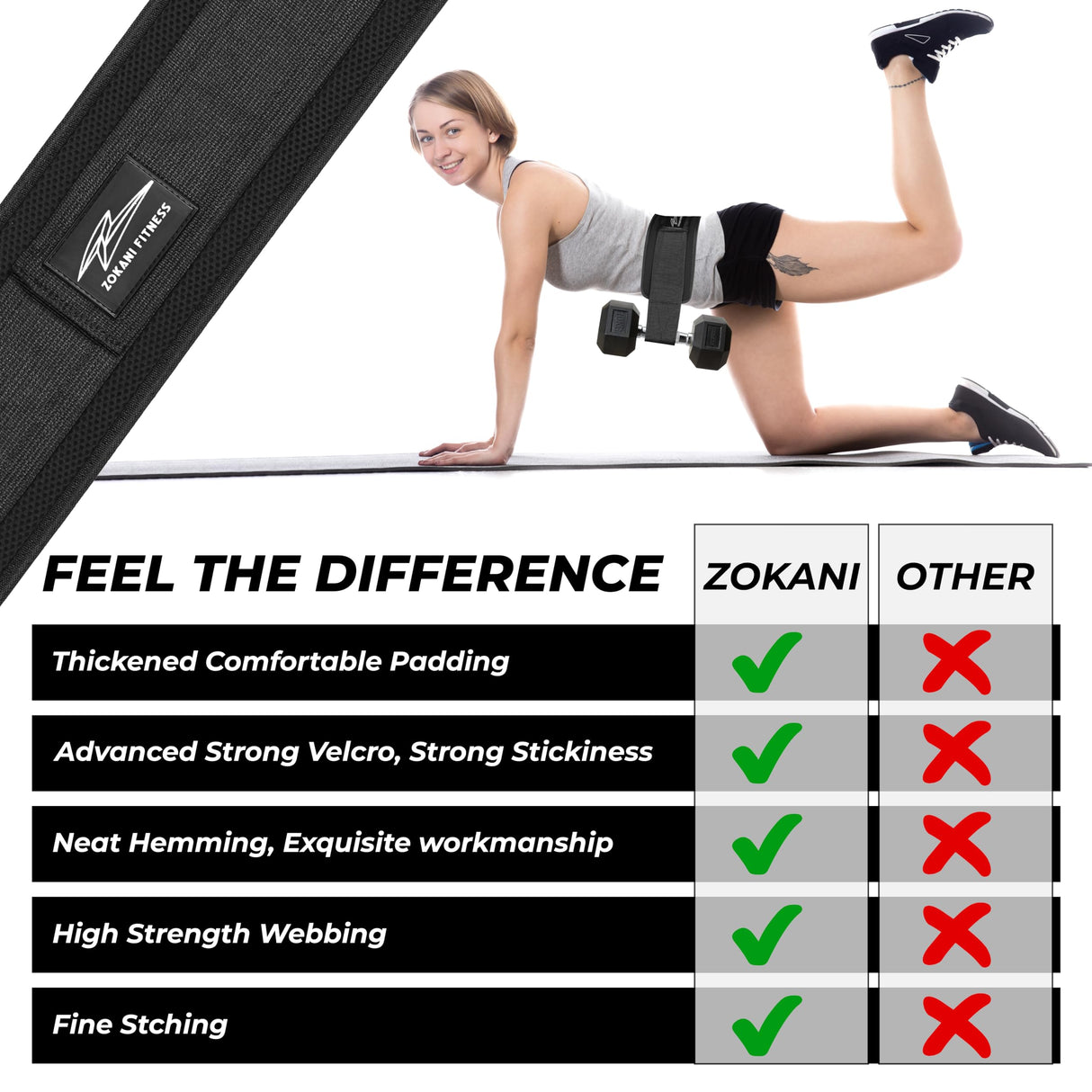 Zokani Fitness Hip Thrust Belt - Heavy duty, Comfortable, Adjustable Glute Trainer with Anti-Slip Pads. Ideal for Home Workouts with Dumbbells, Kettlebells, Plates. Extra Padding for Gym and Home Fitness hold up to 600 lbs - Black