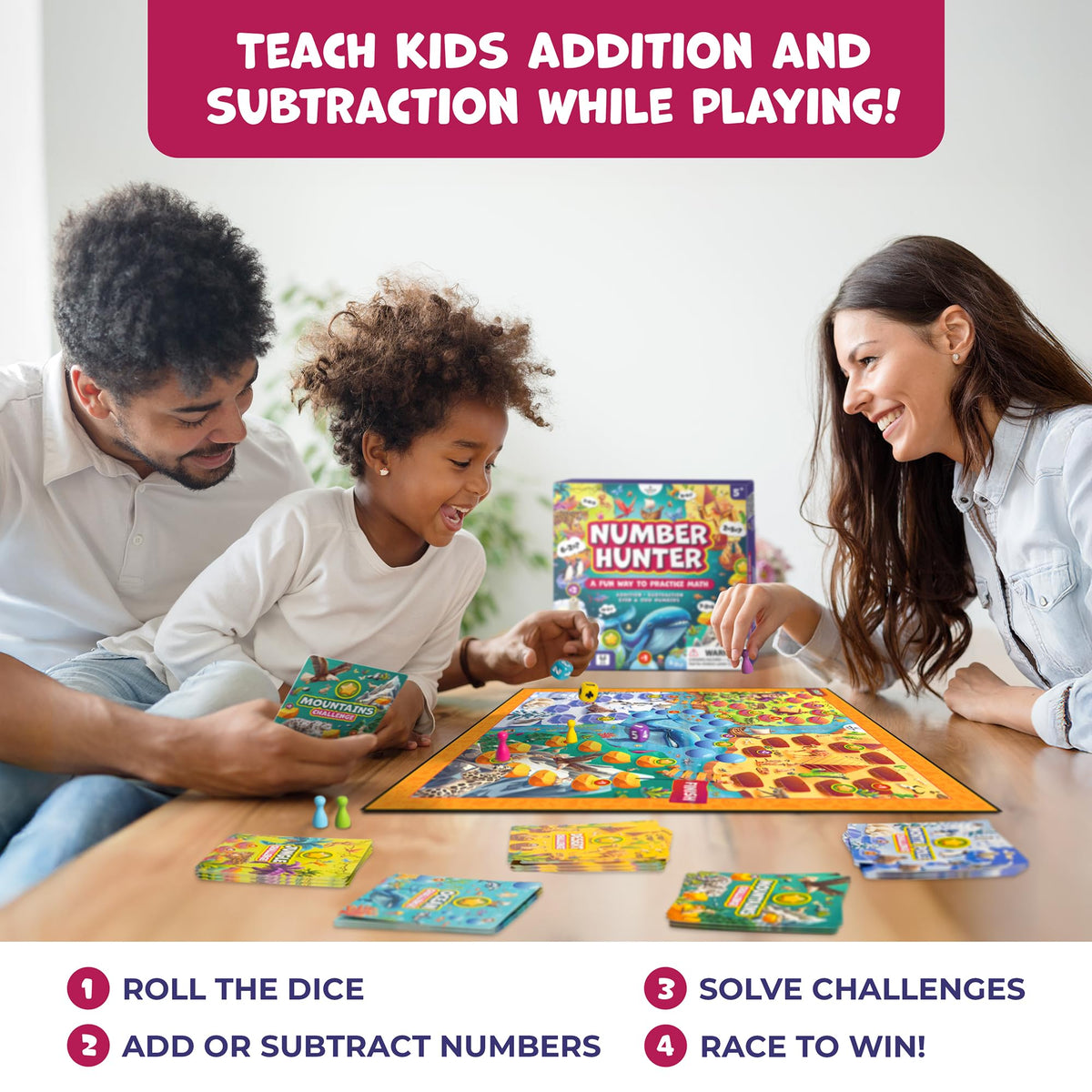Number Hunter Math Board Game for Kids 5-7, 1st Grade & Kindergarten