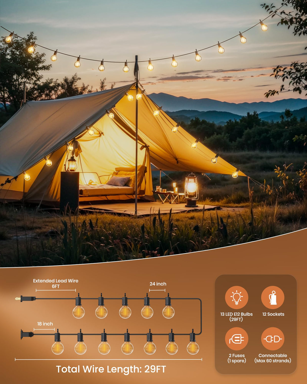 Brightown Outdoor String Lights 29 Feet G40 LED Patio Lights, Plug-in, 13 Plastic Edison Bulbs(1 Spare), Waterproof Connectable Hanging Light for Backyard Porch Balcony Party Decor, E12 Base, Black