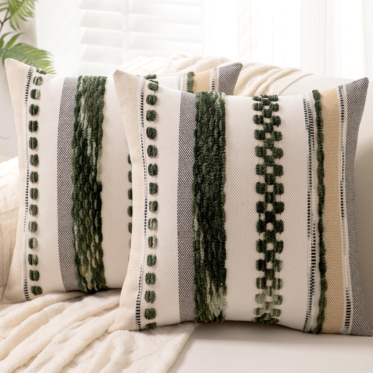 WANLIRD Boho Throw Pillow Covers 18x18 Set of 2 Christmas Decorative Cushion Case Striped Square Pillows Cover Chenille Pillow Cases Accent Neutral Pillowcase for Sofa Couch Bed,Dark Green