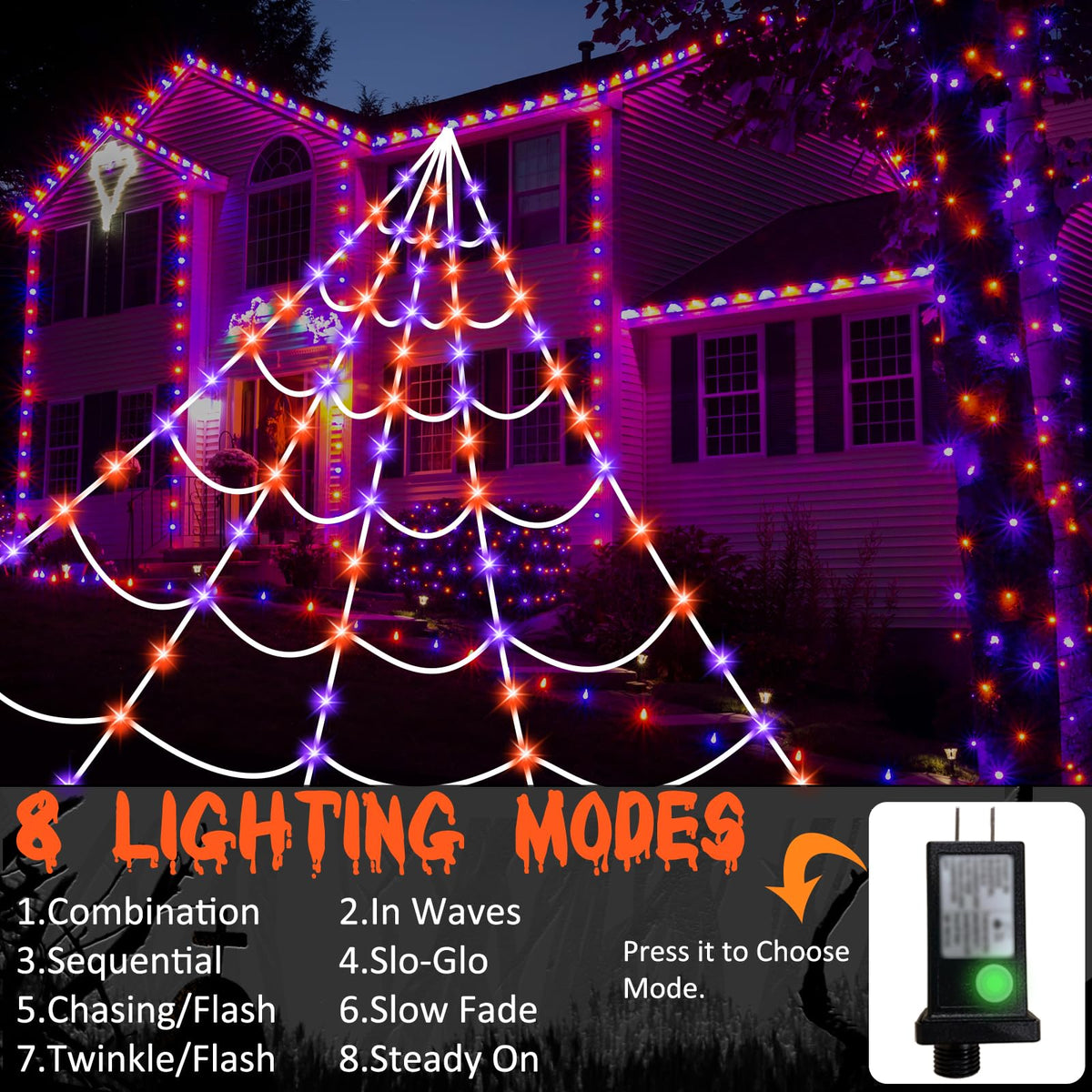 Halloween Spider Web Lights 150 LED Lighted Spider Web Giant 16.4 Ft Halloween Decorations Light up with 8 Lighting Modes Waterproof & Timer Outdoor Indoor Yard Haunted House Decor, Purple & Orange