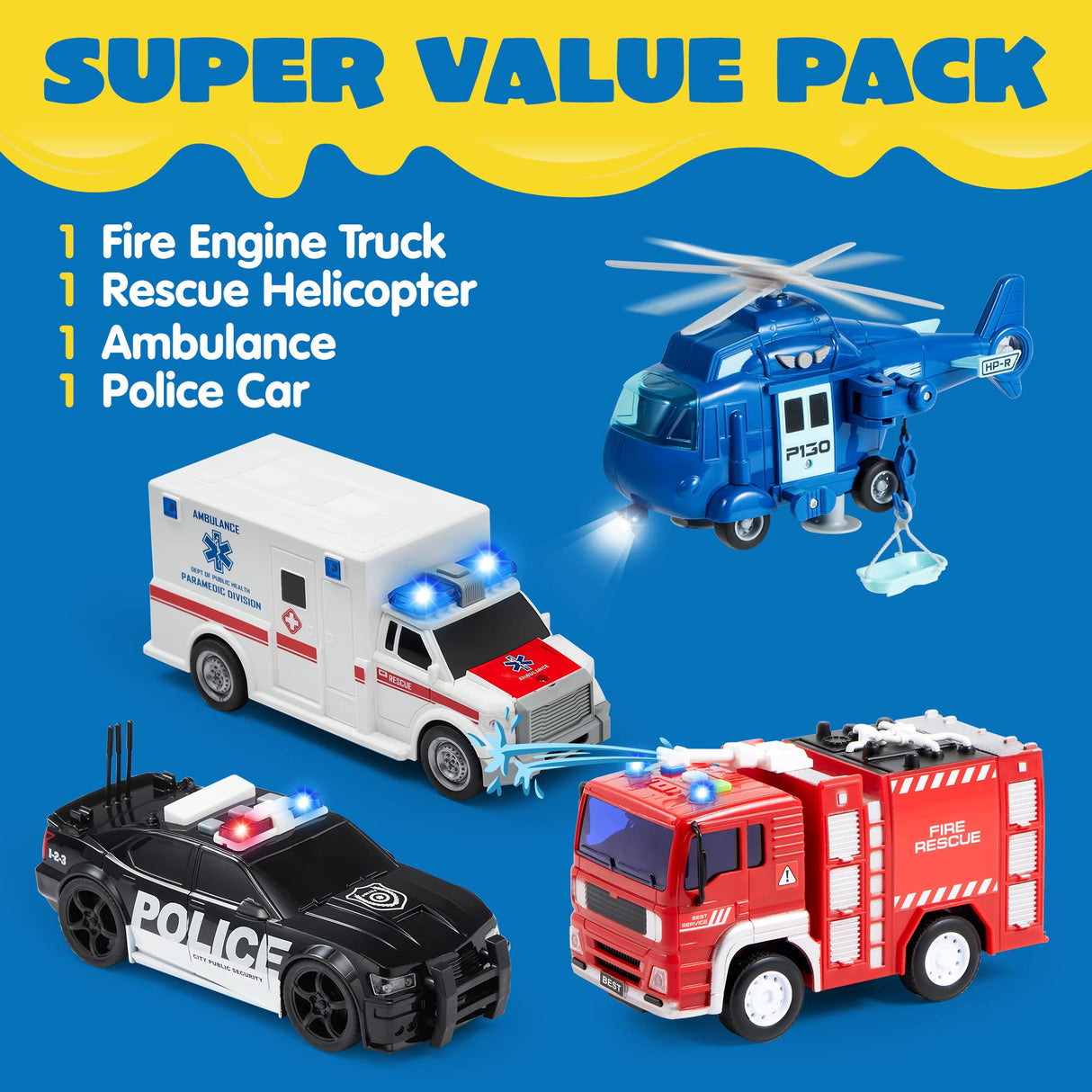 JOYIN 4 Packs Emergency Vehicle Toy Playsets, Friction Powered Vehicles with Light and Sound, Including Fire Truck, Ambulance, Play Police Car and Helicopter, Christmas Toddler Kids Boys Gifts