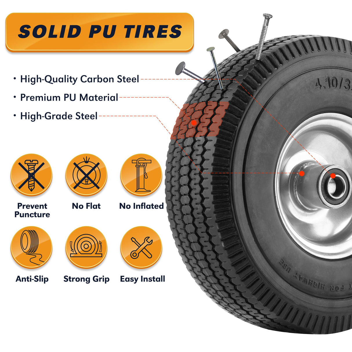 BIEAMA 2 Pack 10" Solid Rubber 4.10/3.50-4 Flat Free Tire, Raised Tread