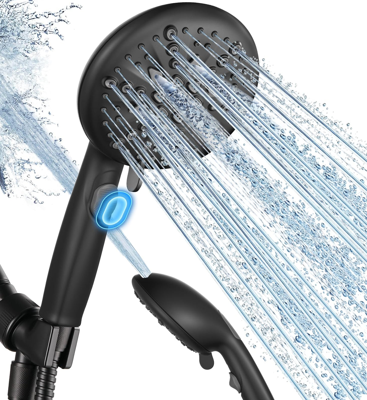 Cobbe 9-Function Shower Head with Built-in Power Spray, 1.8 GPM Water Saving ON/OFF Toggle Switch, High Pressure Handheld Showerhead with 1-Click Pause Button, Brass Bracket & 6ft Hose, Black