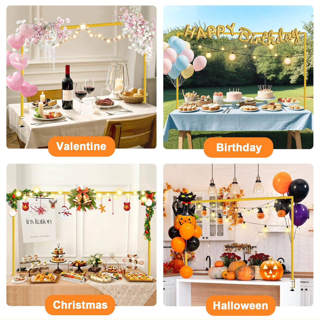 Over The Table Rod Stand with Clamps, Adjustable Table Arch 28"-98" Length, 13"-42" Tall, Table Balloon Arch Stand for Wedding, Birthday, Christmas, Halloween, Craft, Party Decoration, Gold