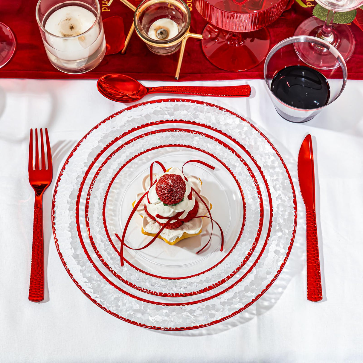 Ciaell 350 PCS Clear and Red Plastic Plates – Red Dinnerware Set for 50 Guests Include 100 Plastic Plates, 50 Pre Rolled Napkins with Cutlery Set, 50 Cups for Wedding & Party & Anniversary & Christmas