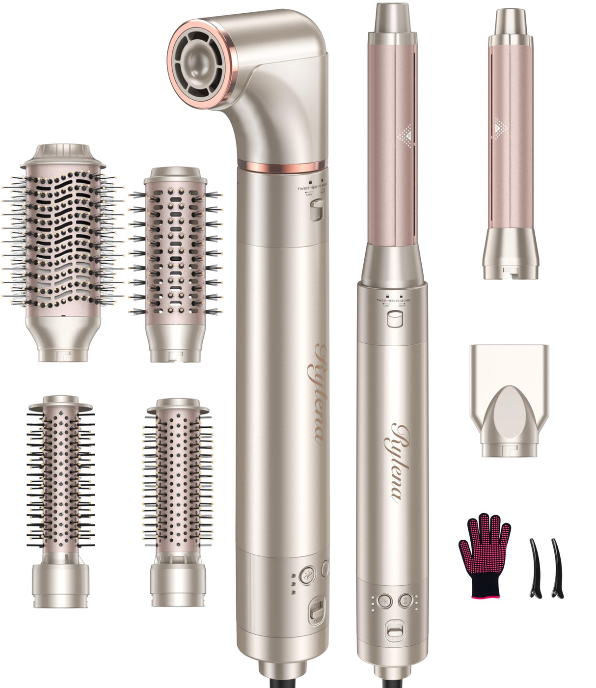 Deluxe 8-in-1 Air Styler Pro 2025 by Rylena, Hair Dryer Brush for Fast Drying, Auto Curling, Smoothing&Volumizing, 8 Attachable Heads, 110,000 RPM High-Speed Multi Styler, 600M Ionic Care, Stone