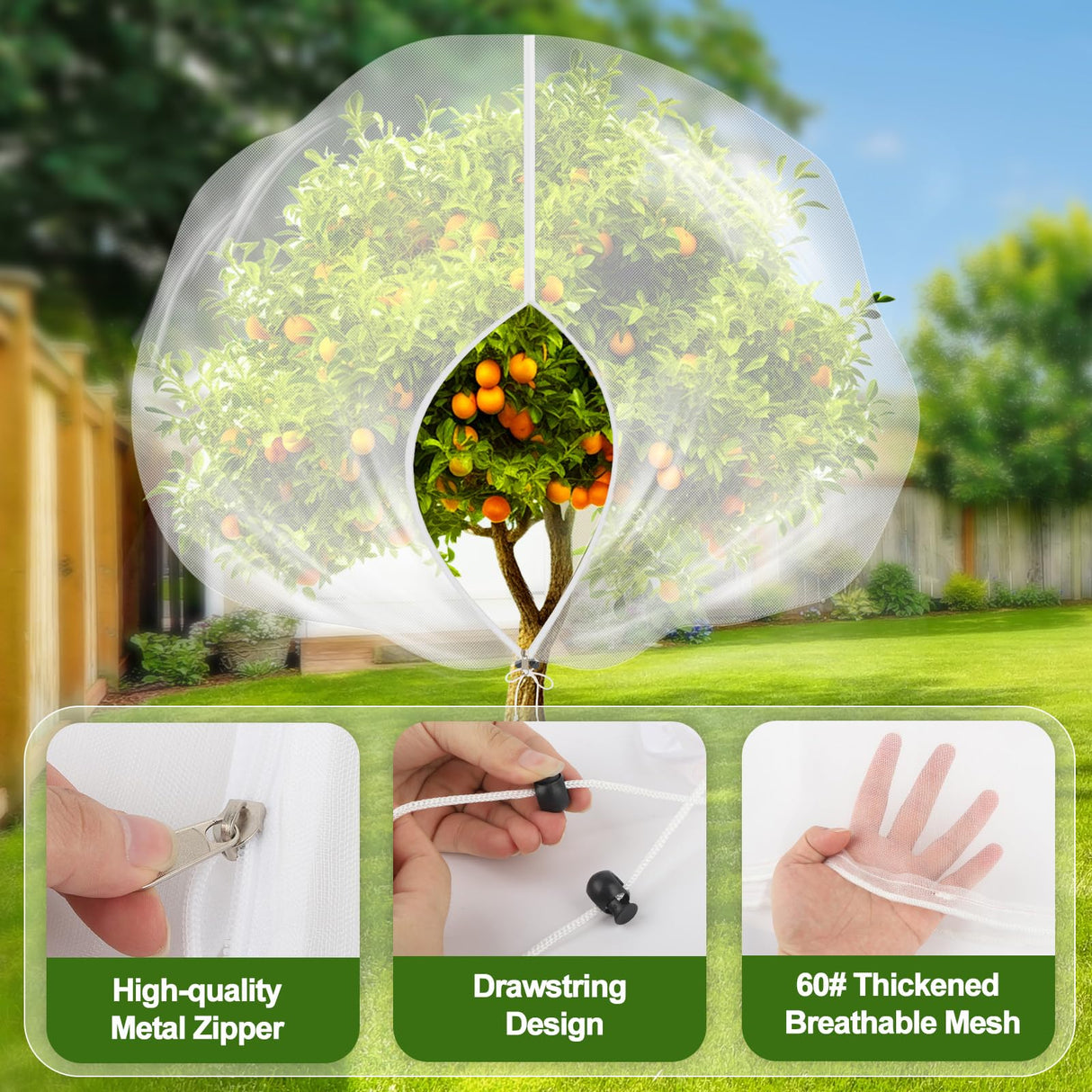 5-Pack 10 * 10FT Fruit Netting Bags for Fruit Trees, Bird Netting Safeguard Apple Trees and Blueberry Bushes from Birds, Pest and Deer, Cicadas Netting Cover with Zipper and Drawstring