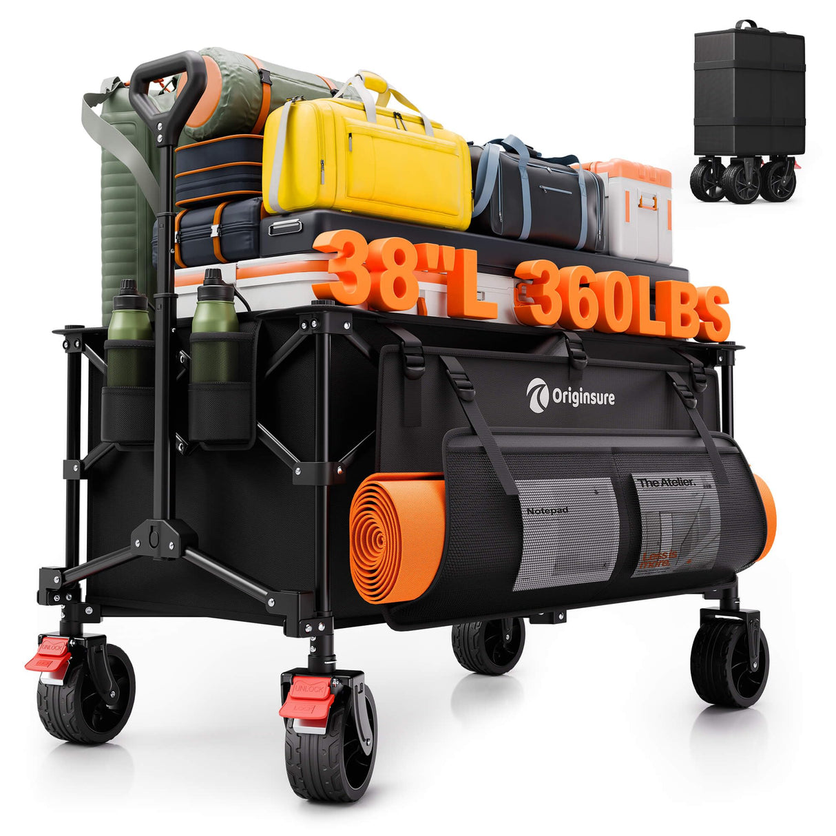 Originsure 220L Collapsible Beach Wagon Cart, 360lbs Heavy Duty, Black