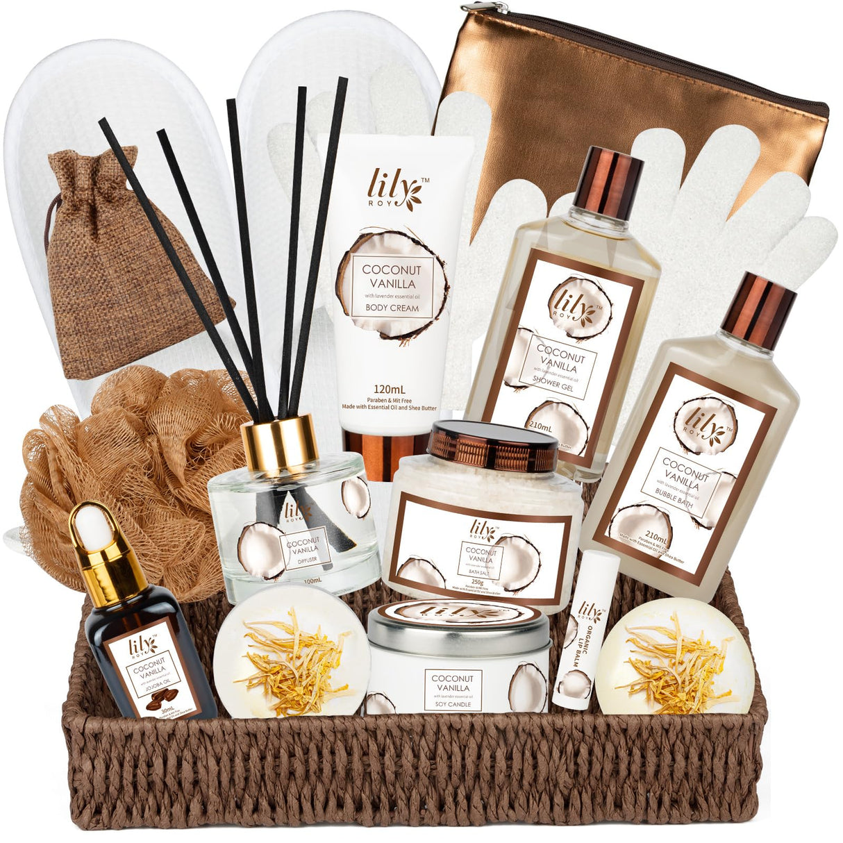 Bath and Body Gift Basket Set for Women - Coconut Vanilla Christmas Gifts for Women, Spa Gift Basket 17-Piece Bath Gift Set Self Care Gifts for Mothers Day, Fathers Day, Birthday Gifts for Her & Him