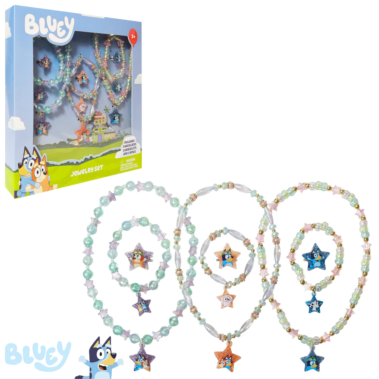 LUV HER Bluey Girl's Jewelry Set - Dress up 9 Piece Toy Jewelry Box Set with Bead Necklace, Bracelet and Ring - Play Accessories - Ages 3+