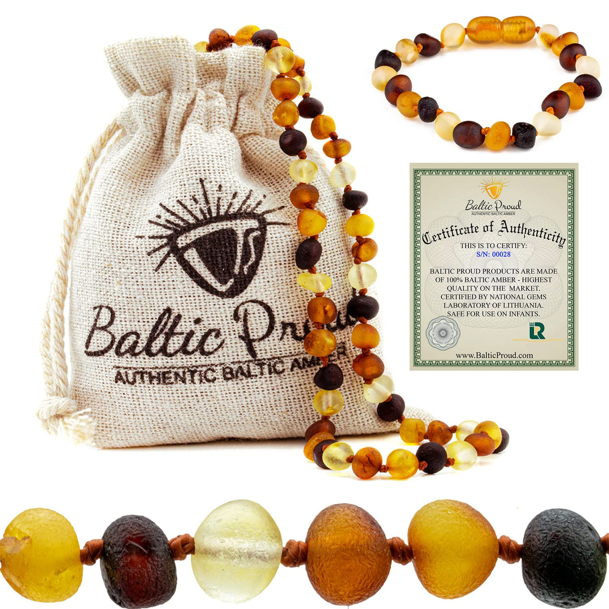Baltic Amber Necklace & Bracelet Gift Set (Unisex Raw Multi 12.5"/5.5")