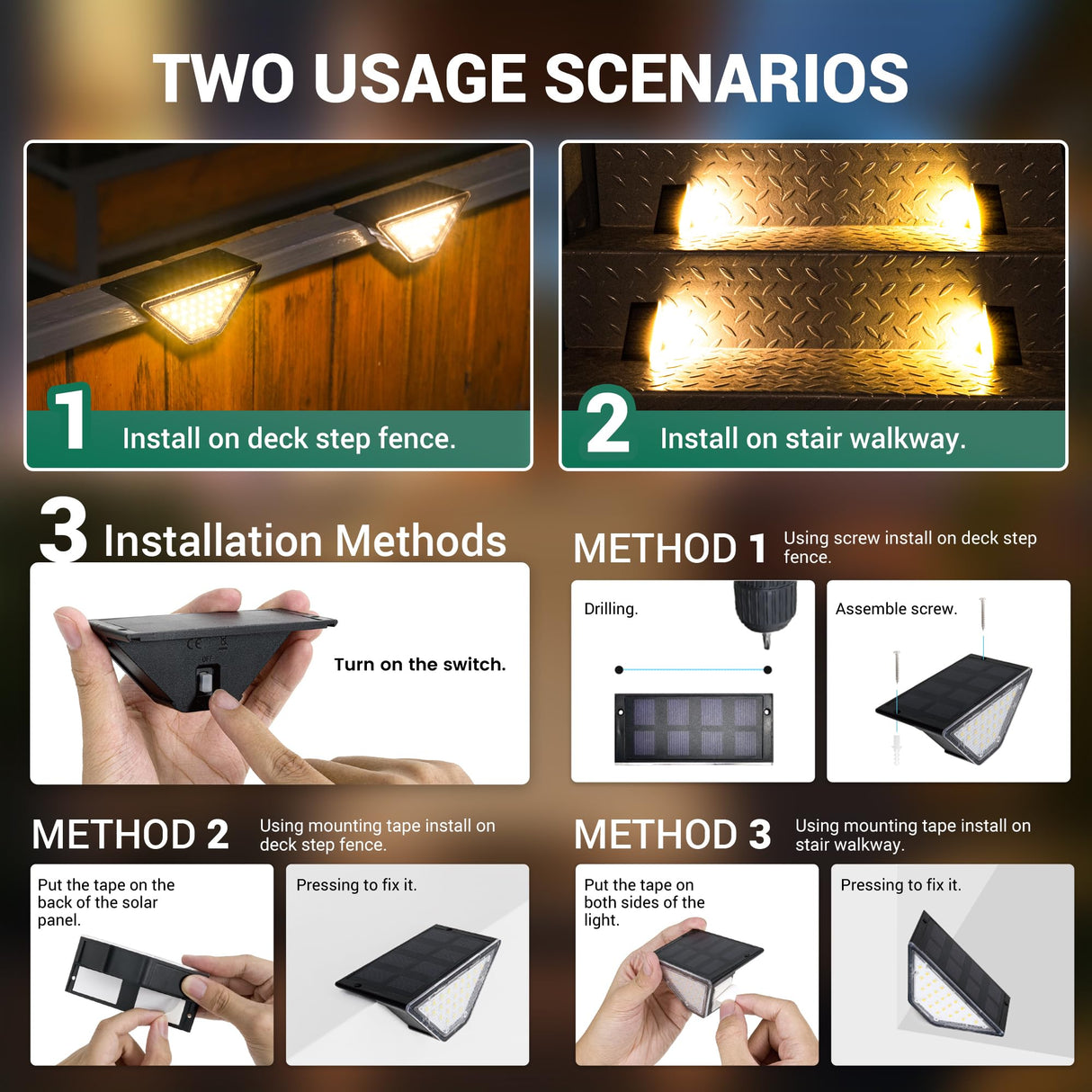 PATIOWIN 6 Pack Solar Step Lights for Outside, 24 LEDs Solar Stair Lights Waterproof IP65, Solar Deck Lights Outdoor Decor for Garden, Porch, Pathway, Patio, Fence, Balcony(Warm White)
