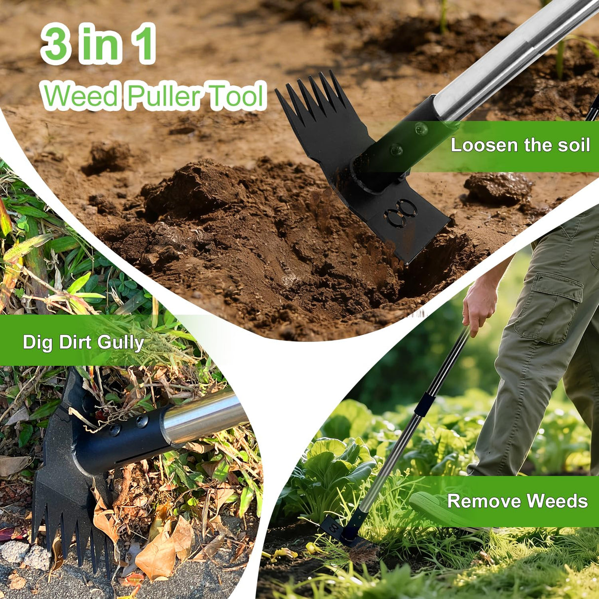 HAWCAFU Weed Puller Tool with Long Handle 3 in 1 Manual Garden Hoe Heavy Duty Weeder Remover Tool for Yard, Lawn, Patio and Garden