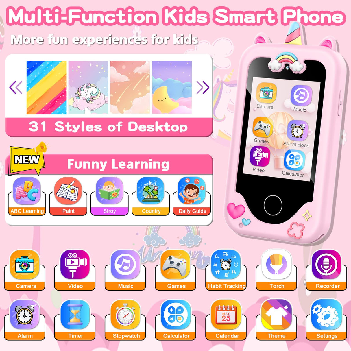 Kids Smart Phone for Girls Toys, Gifts for 3-10 Year Old Girl Boy Christmas Birthday Kids Toys, 2.8" Touchscreen Toddler Learning Cell Toy Phone with Dual Camera, Game, Music Player, 8GB Card Pink