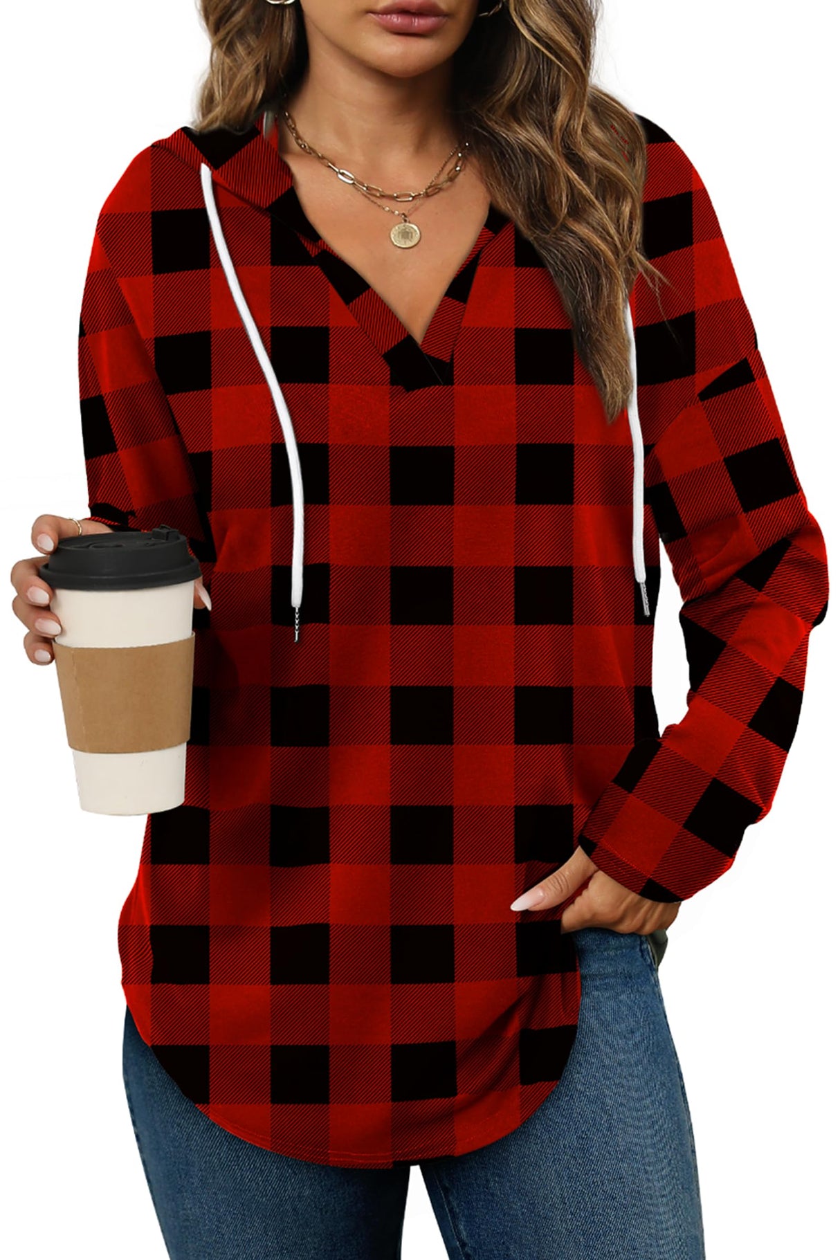 Bofell Tunic Sweatshirt for Women Swing Dressy Tops for Leggings Hoodie Christmas Sweater Pullover Comfy Shirts Red Plaid XL