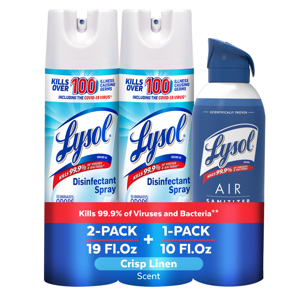 Lysol Bundle containing x2 Lysol Disinfectant Spray for Hard and Soft Surfaces, Crisp Linen, 19 Fl. Oz + Lysol Air Sanitizer Spray, For Air Sanitization and Odor Elimination, White Linen, 10 Fl. Oz