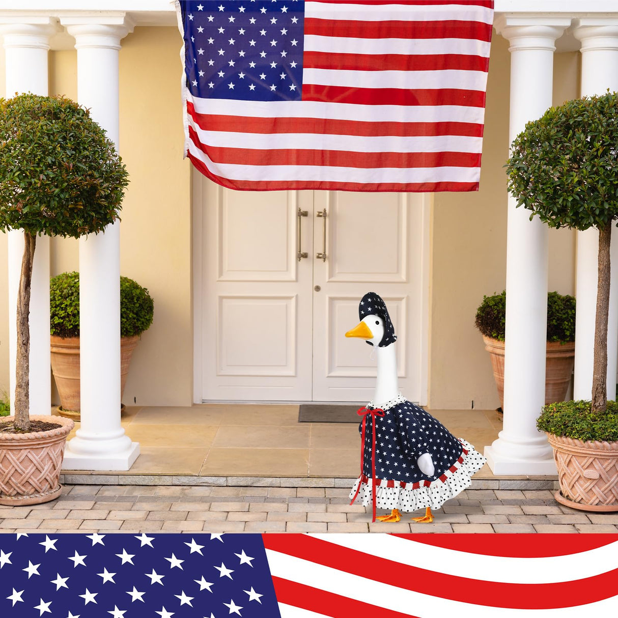 Yeyeplum 4th of July Goose Outfit Set for 23'' Plastic Lawn Porch Goose Statue Clothes Patriotic Skirt with Flag Independence Day Costume for 4th of July Outdoor Patio Yard Lawn(Star Pattern Hat)