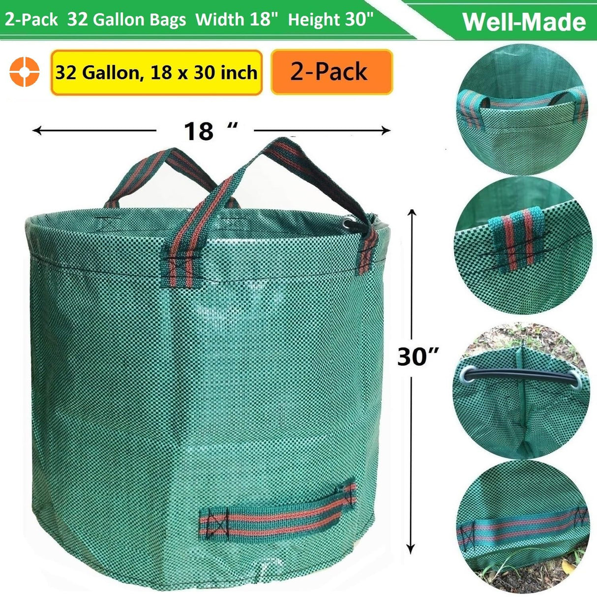 Standard 2-Pack 32 Gallon Lawn Garden Bags Big (D18,H30 in) Yard Waste Bags W/Gardening Gloves for Leaf Bag,Grass Clippings,Yard Debris Bin,Camping Trash Container,Recycling Bin,Laundry Bag 4 Handles