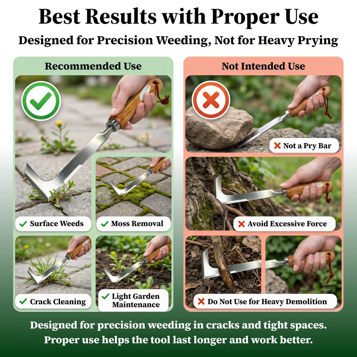 Msstoodun 2 Pack Crack Weeder Tool with Bonus Root Hook, Lightweight Manual Weeding Tool for Sidewalk Cracks, Patio, Driveway & Pavers, Ergonomic Weed Remover for Grass, Moss & Small Weeds