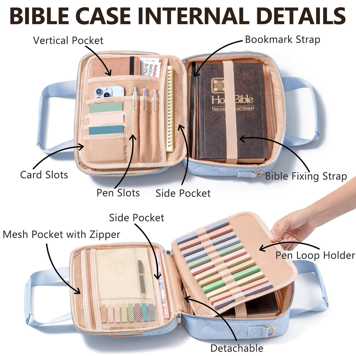 Bible Cover Case for Women, Large Bible Bag Bible Study Supplies Accessories Journaling Kit with Highlighters Tabs, Quilted Book Carrying Cases with Shoulder Strap, Christmas Christian Gifts for Women