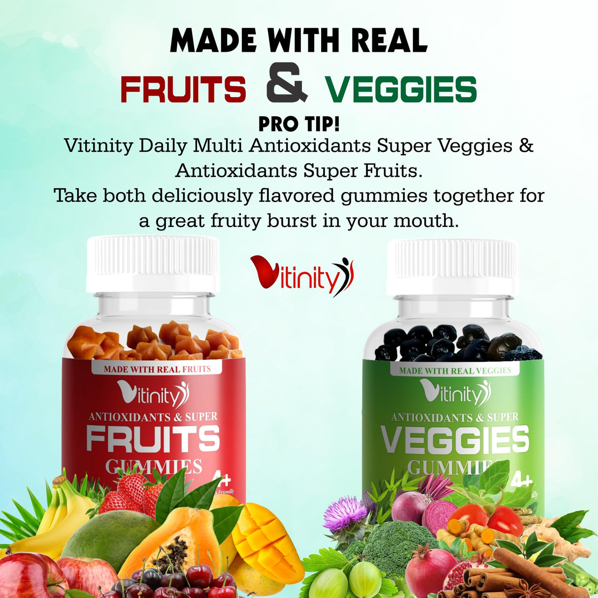 VITINITY Made with Real Fruit-Real Veggie Gummies-Superfood Vegetable Vitamin Supplement for Women,Men,Kids-Blend of Fruit and Greens for Daily Health.Fruits and Vegetables Supplements (30-Day Supply)