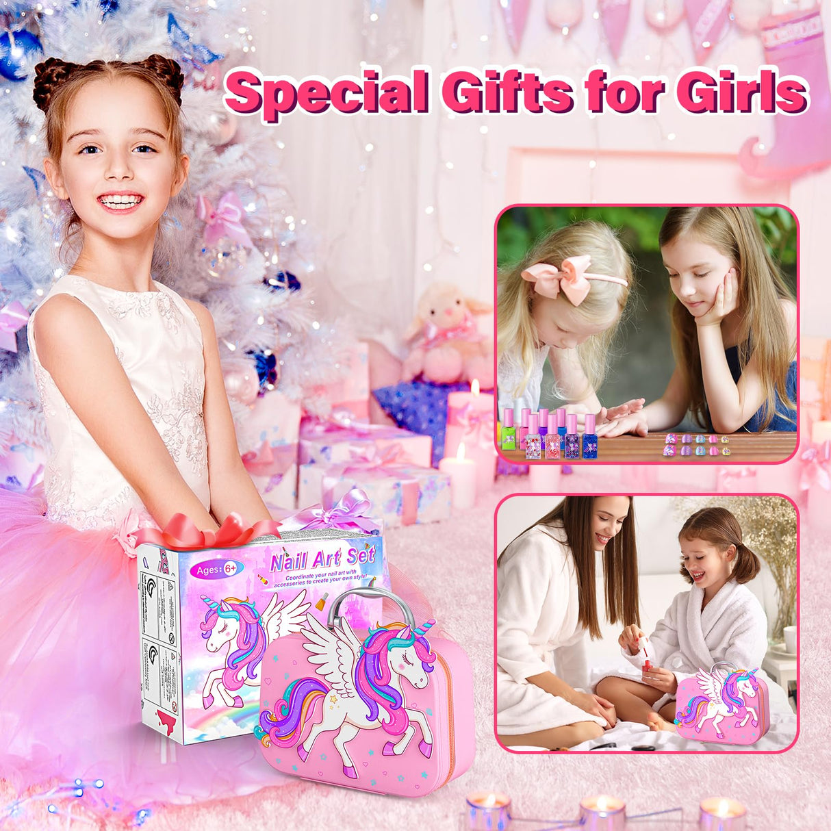 Glisiol Kids Nail Polish Set for Girls Toys, Washable Quick-Dry Toddler Nail Art Kit with Air Cooling Dryer and Cosmetic Case, Christmas or Birthday Gifts for Girls Ages 3 4 5 6 7 9 10 11 12-Pink