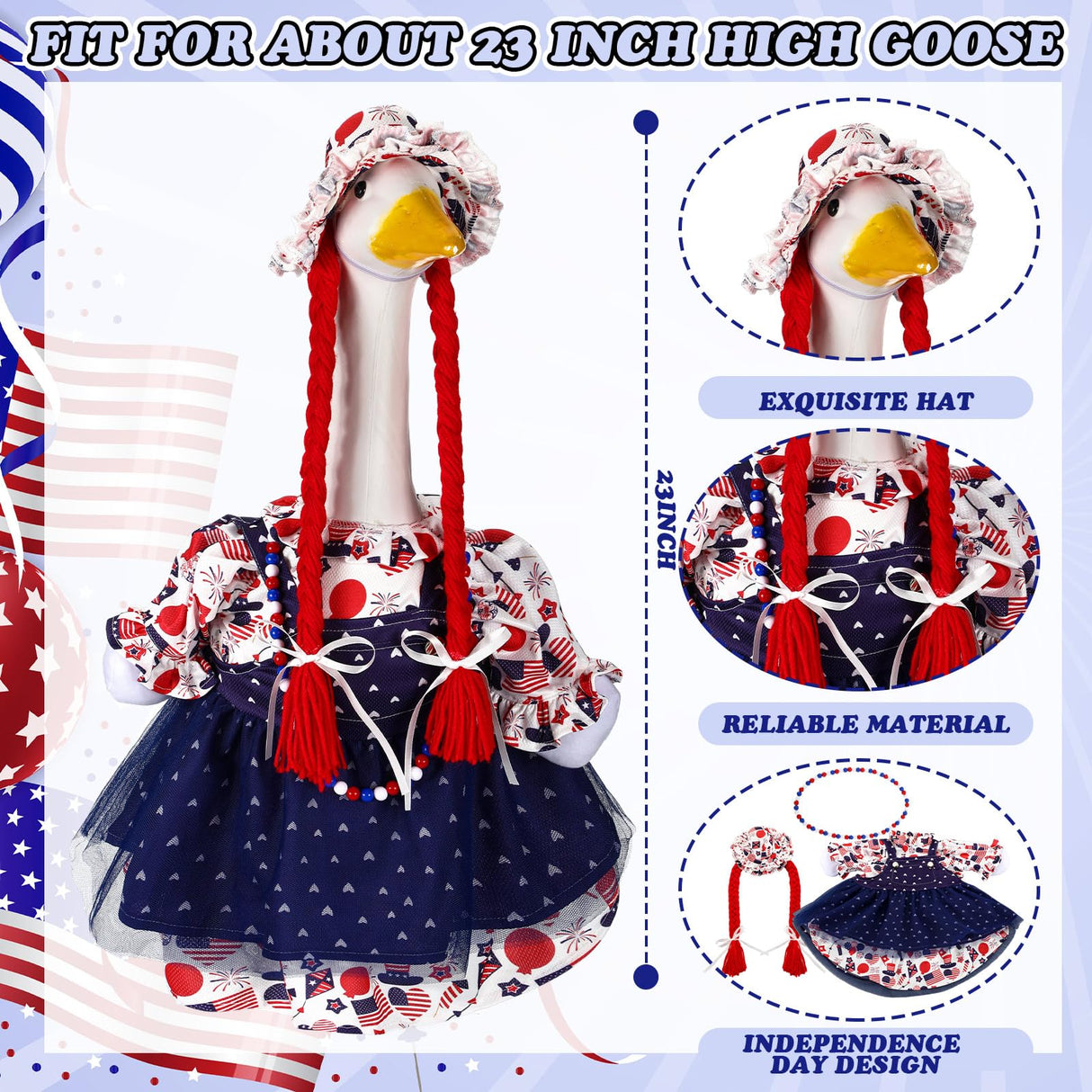 4th of July Porch Goose Outfit Patriotic Independence Goose Clothes for 23" High Cement or Plastic Geese Costume for Yard Lawn Outdoor Garden 250 Anniversary Duck Statue Dress USA American Flag Decor