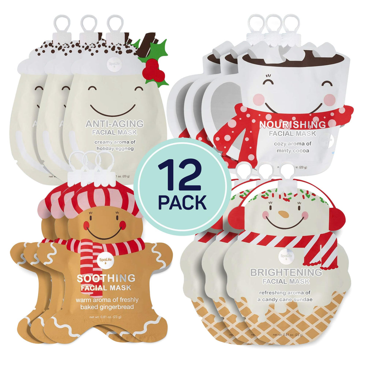 SpaLife Holiday Treats Facial Masks 12-Pack Assorted - Festive Christmas Skincare for Hydration and Refreshment - Gingerbread, Sundae, Cocoa & Eggnog